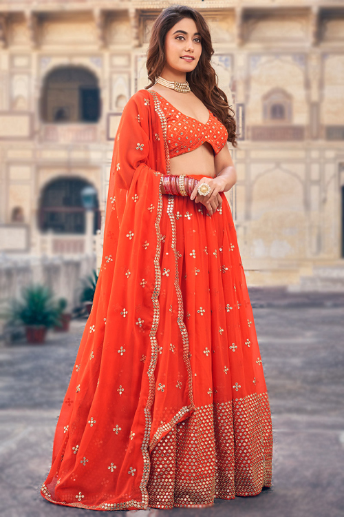 Orange Sequins Embroidered Georgette Flared Style Lehenga 