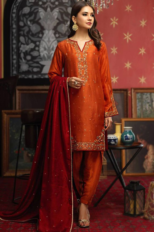 Orange Silk Embroidered Pakistani Trouser Suit