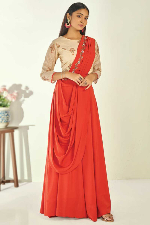 Orange Silk Indo-Western Lehenga Style Saree