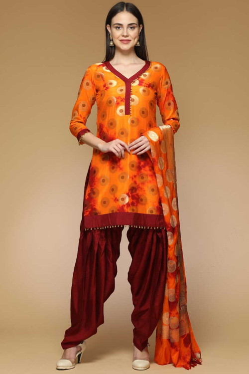 Buy Pretty Green and Orange Cotton Embroidered Designer Casual Salwar Suit  With Nazmin Dupatta at best price - Gitanjali Fashions