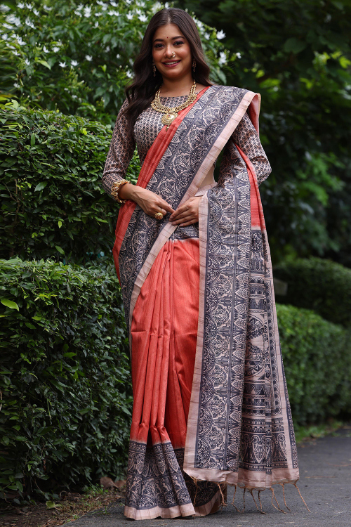 Orange Silk Printed Light Weight Saree 