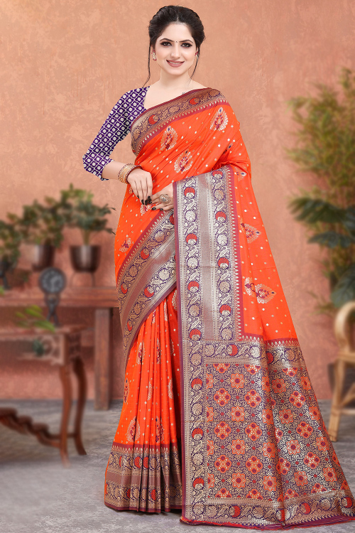 Orange Silk Woven Zari Broad Border Saree