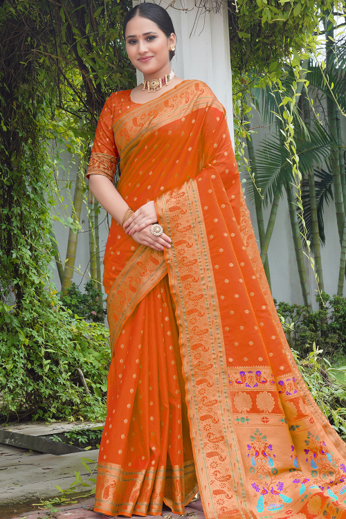 Orange Silk Woven Zari Light Weight Saree 