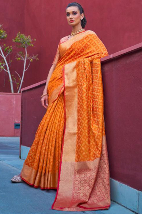 Orange Festive Wear Printed Silk Saree