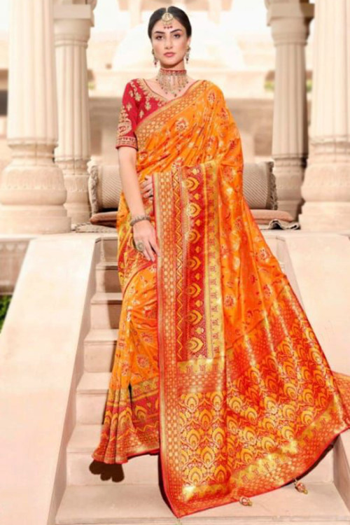 Saree for Wedding Wear in Silk Orange with Zari embroidery