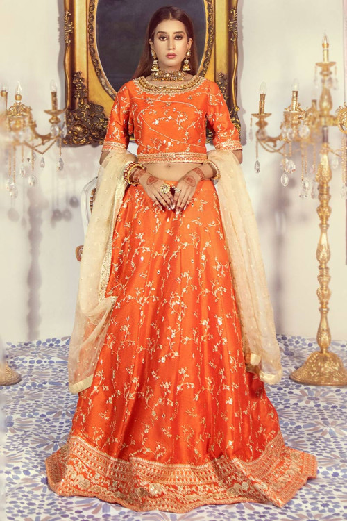 Orange Silk Zari Embroidered Indian Wedding Lehenga