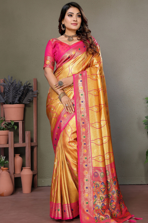 Orange Soft Silk Saree With Weaved Work For Festival 
