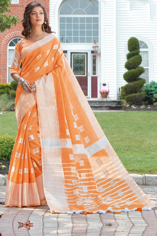 Orange Woven Printed Linen Cotton Saree