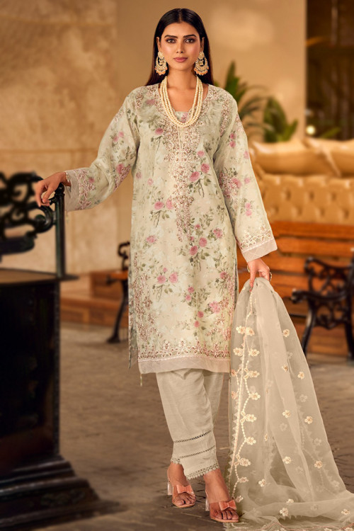 Organza Beige Pakistani Floral Print Trouser Suit 
