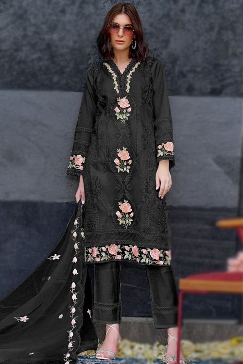 Organza Black Embroidered Straight Cut Trouser Suit 