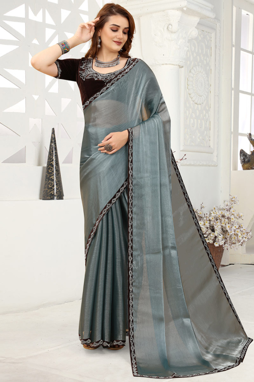Organza Bluish Grey Embellished Saree
