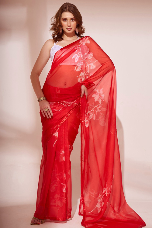 Organza Cherry Red Printed Light Weight Saree