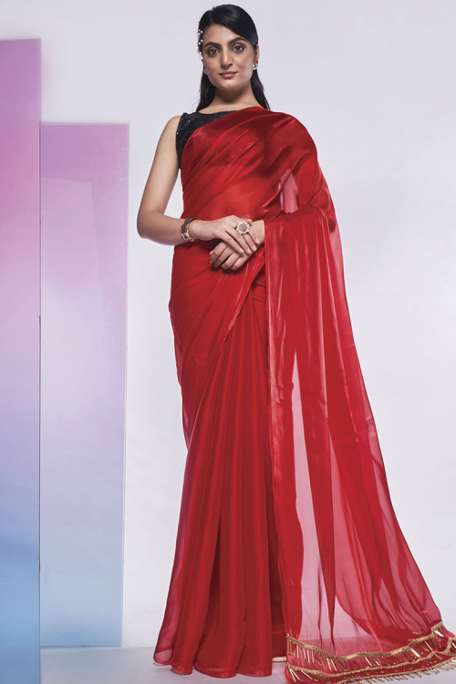 Organza Chilly Red Plain Shimmer Saree