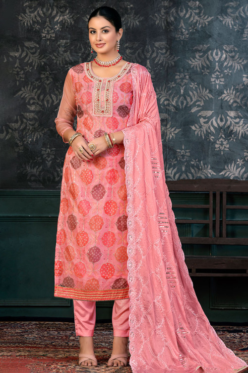 Organza Coral Pink Straight Cut Embroidered Trouser Suit
