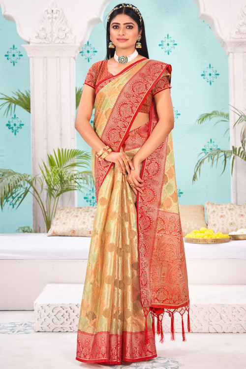 Organza Cream Beige Woven Zari Saree
