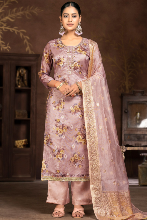 Organza Creamy Pink Floral Printed Straight Cut Palazzo Suit