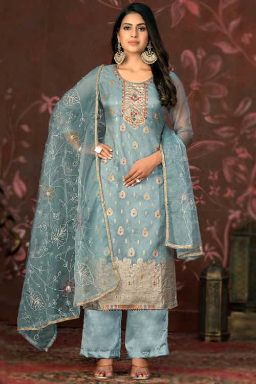 Dusty Blue Organza Weaved Straight Cut Palazzo Salwar Kameez