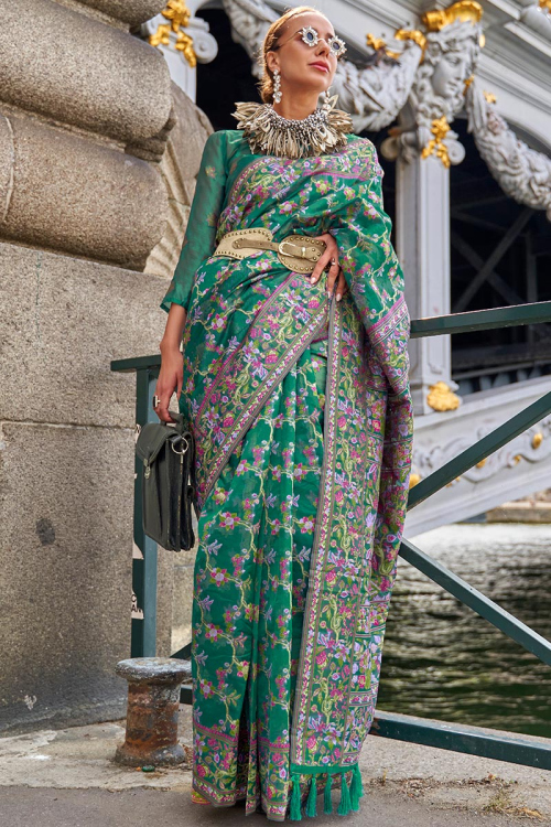 Organza Emerald Green Weaved Handloom Broad Border Saree