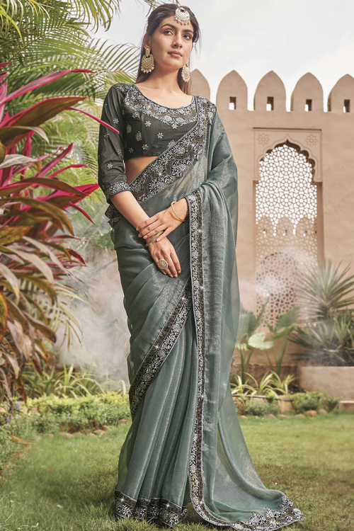 Organza Grey Lace Embroidered Shimmer Saree