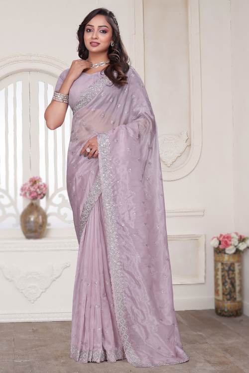 Organza Lavender Pink Stone Embellished Saree For Festival