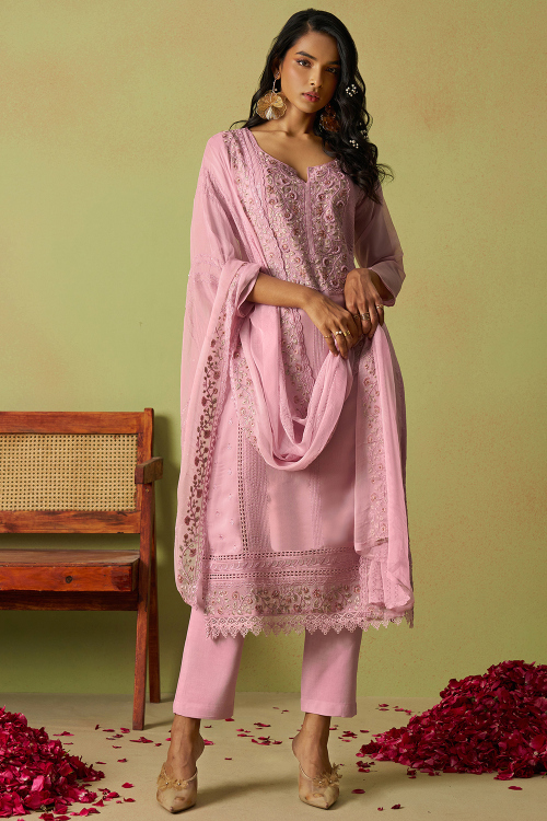 Organza Lavender Pink Straight Cut Trouser Suit With Beads Work 