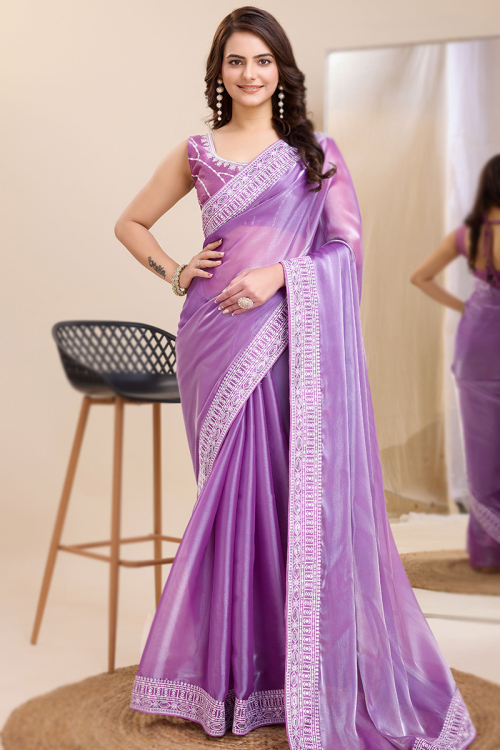Organza Lavender Purple Lace Embroidered Sangeet Saree