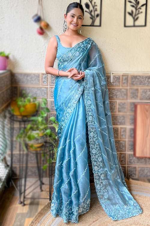 Organza Light Blue Embroidered Sequin Saree