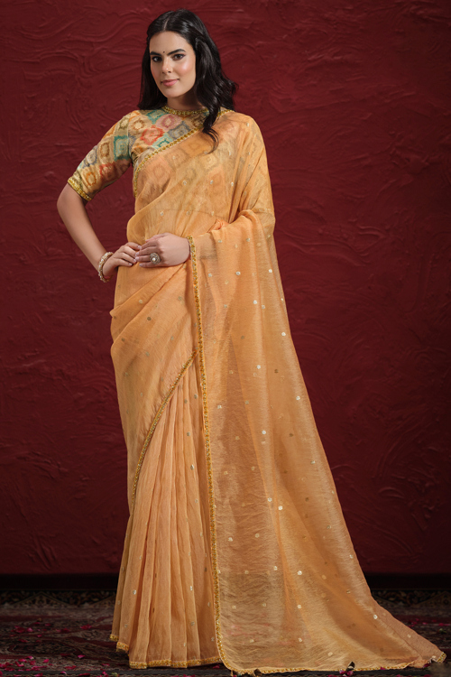 Organza Light Orange Woven Zari Ready Made Light Weight Saree