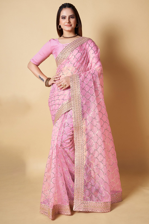 Organza Light Pink Embroidered Saree