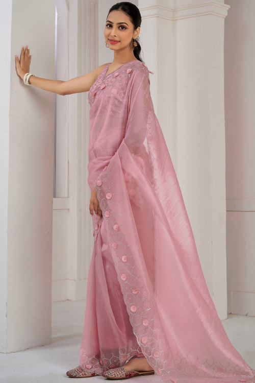 Organza Light Pink Stone Embroidered Light Weight Saree 
