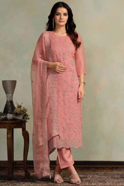 Organza Light Pink Straight Cut Trouser Suit With Zari Work