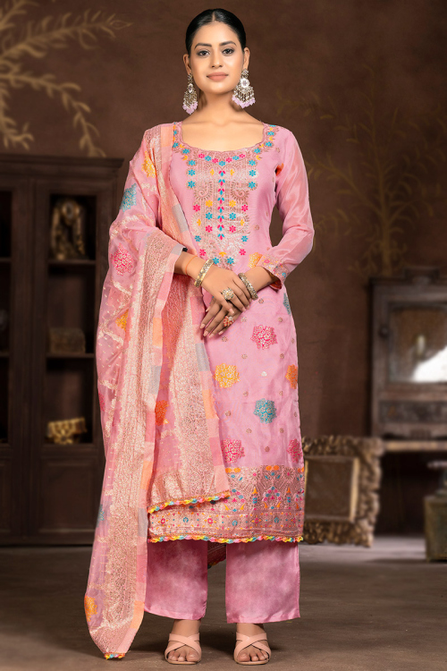 Organza Light Pink Straight Cut Weaved Zari Palazzo Suit 