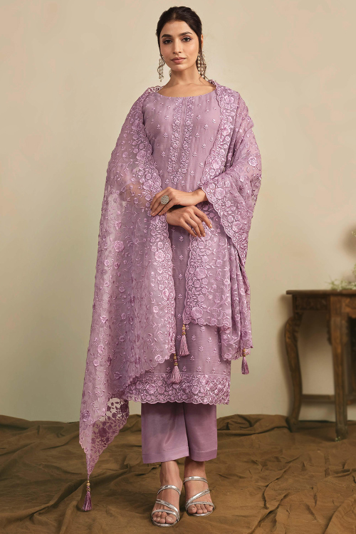 Organza Light Purple Trouser Suit With Resham Thread Work 