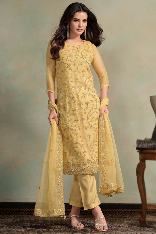 Organza Light Yellow Straight Cut Trouser Suit With Zari Work 