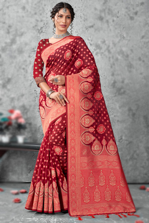 Organza Maroon Zari Weaved Broad Border Saree