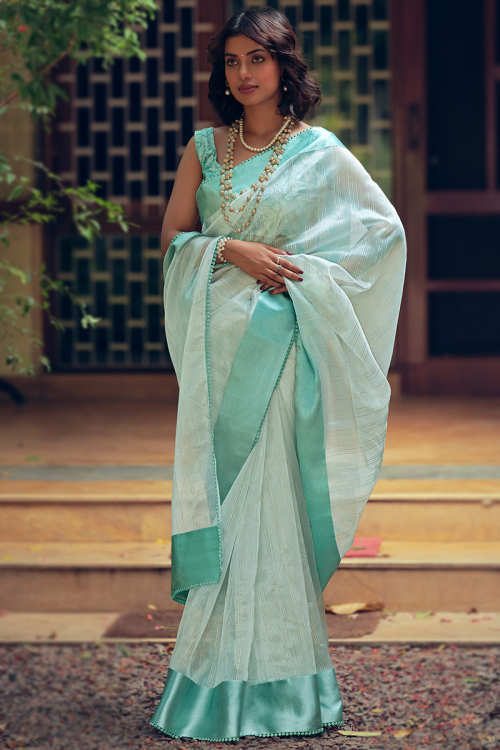 Organza Mint Blue Lurex Thread Weaved Light Weight Saree