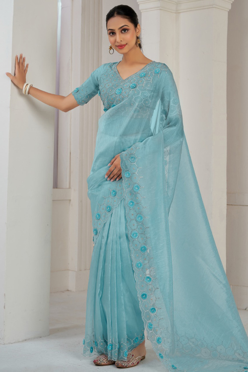 Organza Mint Blue Stone Embroidered Light Weight Saree 