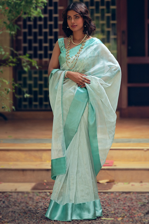 Organza Mint Blue Weaved Light Weight Saree