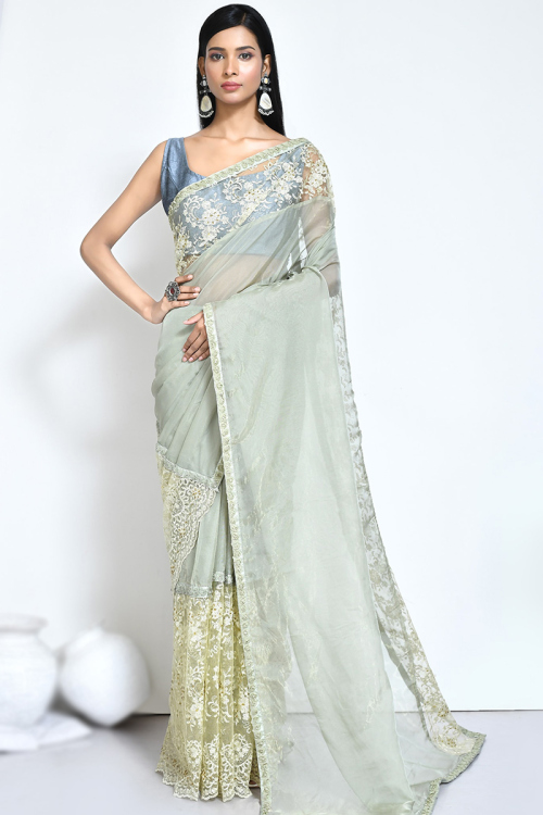 Organza Mint Green Lace Embroidered Light Weight Saree 