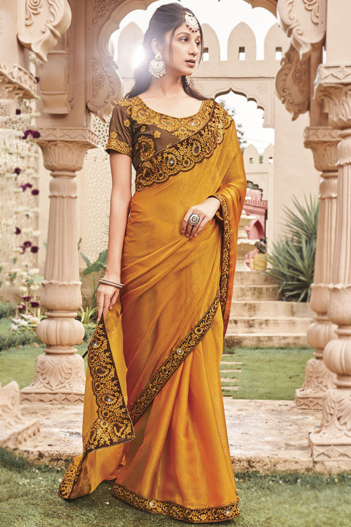 Organza Mustard Yellow Lace Embroidered Shimmer Saree