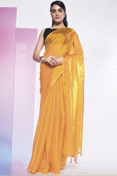 Organza Mustard Yellow Plain Shimmer Saree