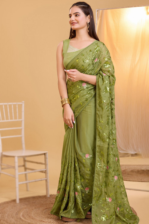 Organza Olive Green Embroidered Light Weight Saree 