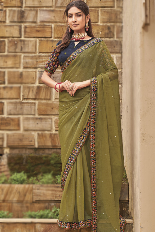 Organza Olive Green Lace Embroidered Shimmer Saree