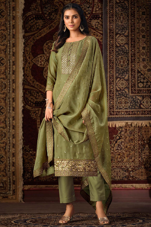 Organza Olive Green Straight Cut Trouser Suit With Zari Work