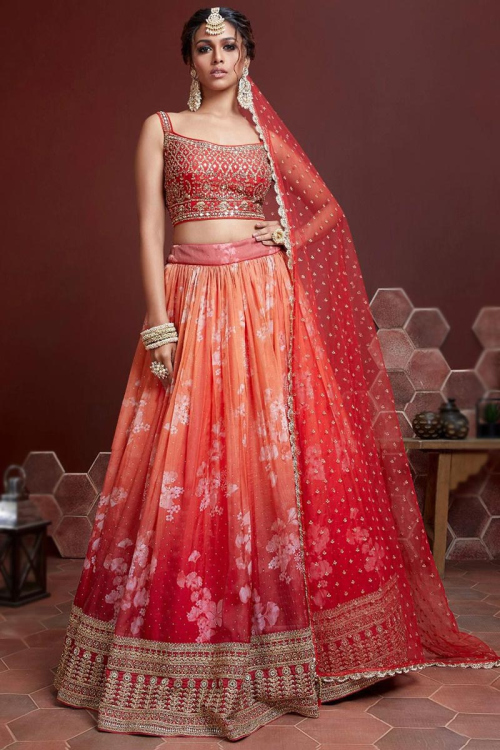 Organza Orange Printed Wedding Wear Lehenga