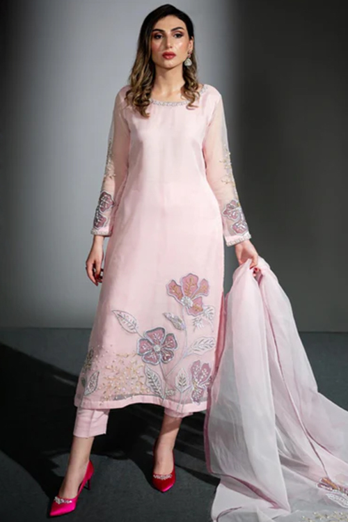 Organza Pale Pink Embroidered Straight Cut Trouser Suit