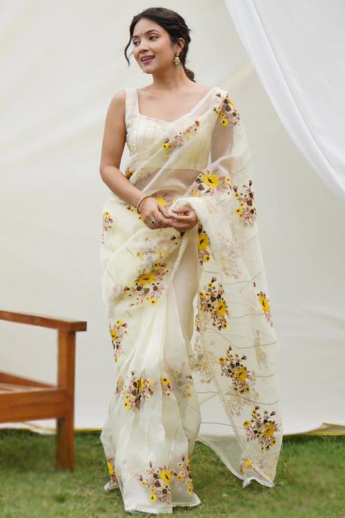 Organza Pale Yellow Floral Embroidered Saree