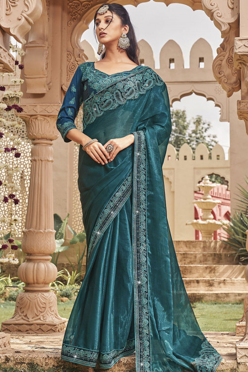 Organza Peacock Blue Lace Embroidered Shimmer Saree