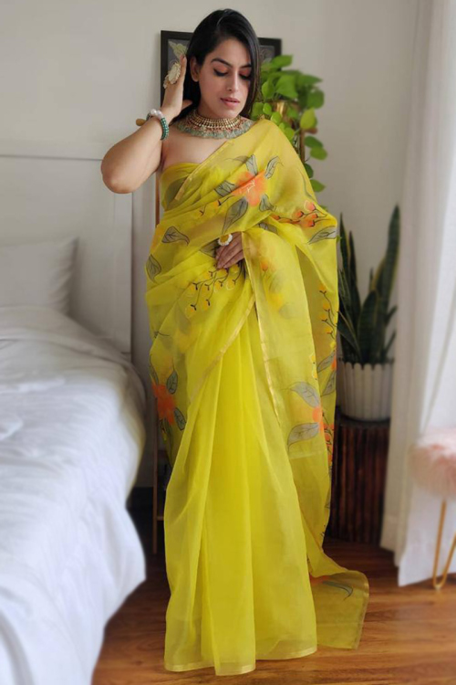 Organza Pear Green Floral Printed Saree