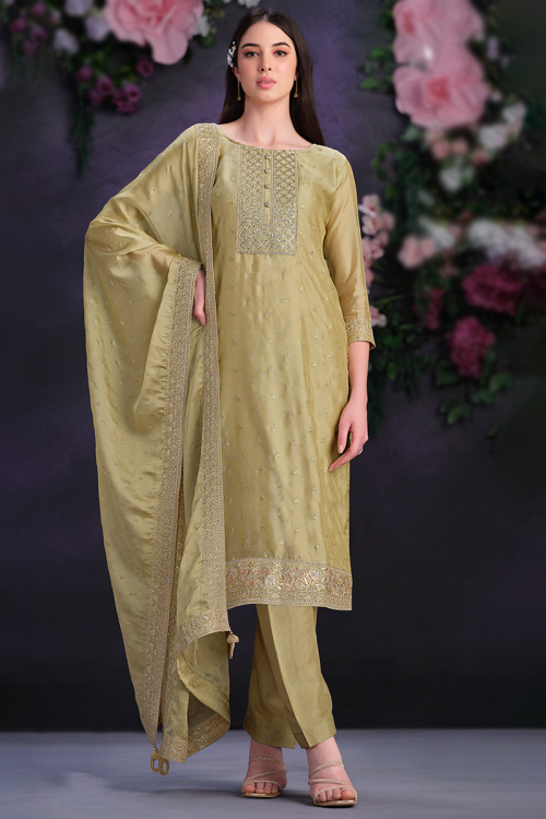 Organza Pear Green Resham Embroidered Straight Trouser Suit